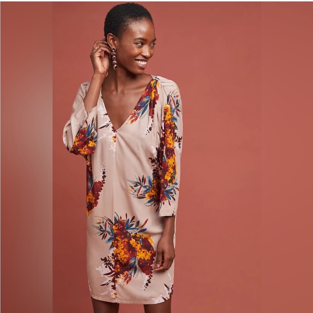Anthropologie the Odelles Harvest Floral Dolman Sleeve Tunic V-Neck Dress